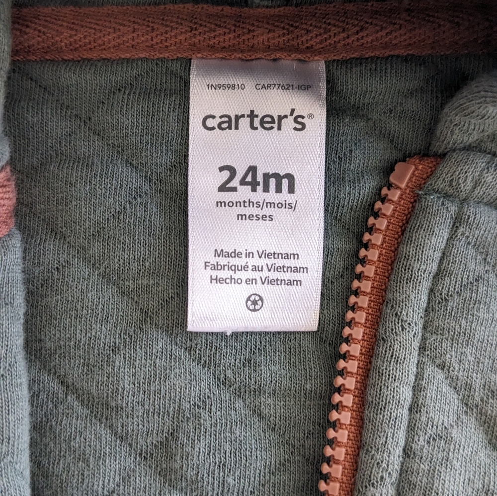 Carter's Toddler Quilted Sleeveless Hoodie Vest, Olive Green. Size 24M - Picture 4 of 5
